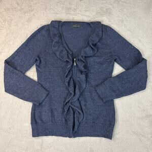 Classic Alpaca Sweater Womens Zip Front Cardigan Ruffle Blue L Baby Alpaca
